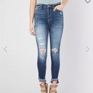 Kancan High Rise Ankle Skinny Stretch Jean Frayed Hem Dark Wash 5/26